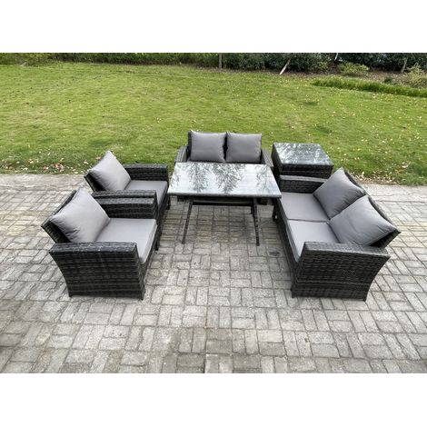 Fimous Rattan Garden Furniture Set 6 Seater Patio Outdoor Lounge Sofa Set with Rectangular Dining Table Love Seat Sofa Side Table Dark Grey Mixed (1/5)