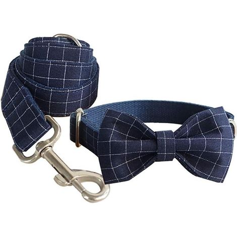 Blau kariertes Katzen- oder Hundehalsband mit Fliege - Verstellbares Haustierhalsband, ideal für Partys und Hochzeiten (Größe M). (1/5)