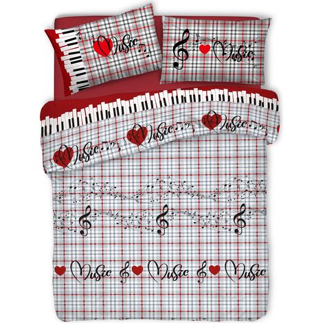 Copripiumino parure sacco e federa linea musica 100% cotone singolo matrimoniale Rosso - Singolo