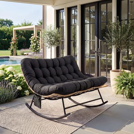 Fauteuil berçant renforcé jardin - coussin polaire souple - polyrotin résiste intempéries - cadre bois/acier 204kg - poche latérale - 176×112×89 cm