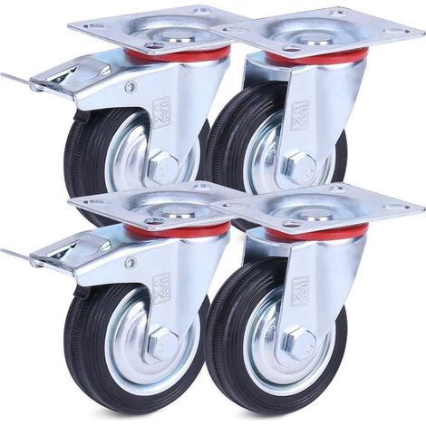Roulettes pivotantes robustes H&S 4, 75 mm, en caoutchouc, avec freins, noires - Roulettes d'extérieur - Roulettes pour lit - Roulettes verrouillables - Roulettes pour usage extérieur (1/5)
