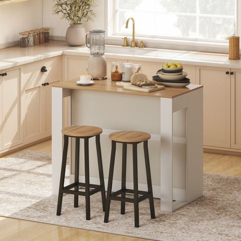 Tavolo da bar, tavolo alto da cucina a 3 livelli con 2 scomparti a giorno, piano effetto legno naturale, 113 x 60 x 90 cm, bianco (1/5)