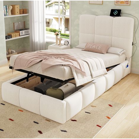 REDOM - Cama infantil - 90x200 cm - con almacenamiento hidráulico - somier - cabecero de terciopelo - beige (Sin colchón) (1/5)
