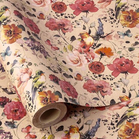 Rouleau de papier cadeau Kraft - Mini rouleau - Motif fleurs et oiseaux en fleurs Idéal pour anniversaire, fête, baby shower - 43,2 cm x 10 m