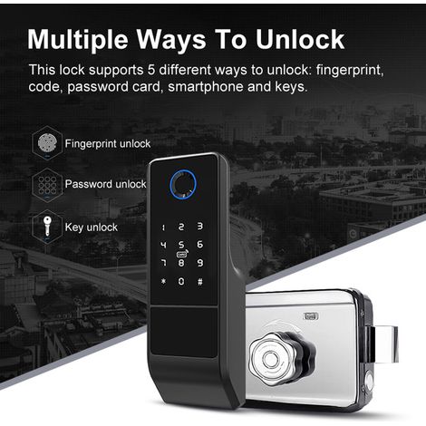 Serrure intelligente Tuya WiFi pour maisons et appartements, système de déverrouillage 5 en 1 : smartphone, code d’empreinte digitale, mot de passe, carte-clé, sécurité antivol. (1/5)