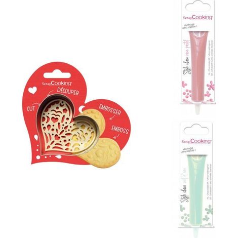 Kit pour biscuit en relief Coeur + 2 Stylos au chocolat rose pastel et vert d'eau (1/3)
