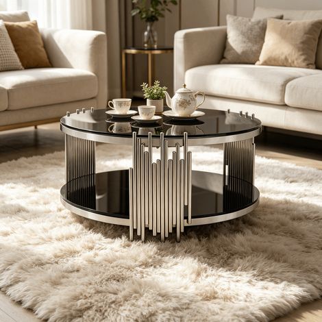 Table basse ronde 80 x 80 x 45 cm en verre trempé noir double plateau base acier argenté table salon bureau luxe moderne élégante (1/5)