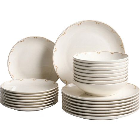 Vajilla de 24 piezas de porcelana acabado esmaltado transparente con ribete decorativo blanco y dorado Charoli