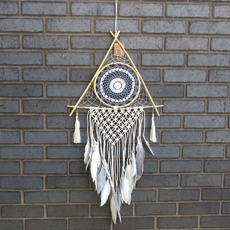 Protection Dream Cather - Lrg Pyramide Macramé Blanc/Gris- Vendu par 1 (1/3)