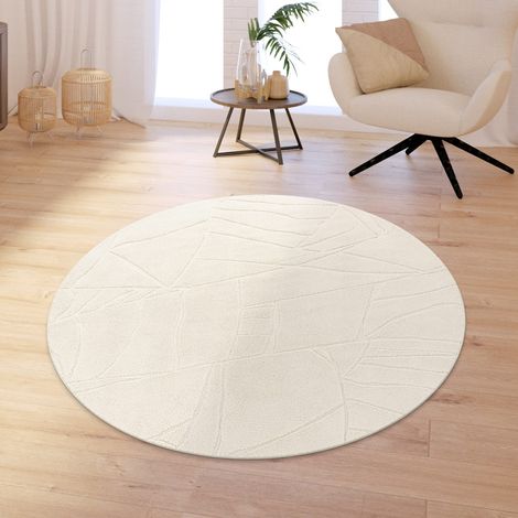 Tapis salon/chambre à poils longs, doux, lavable, uni, effet 3D moderne Crème, Rond, 160 cm x 160 cm x 16 mm (1/5)