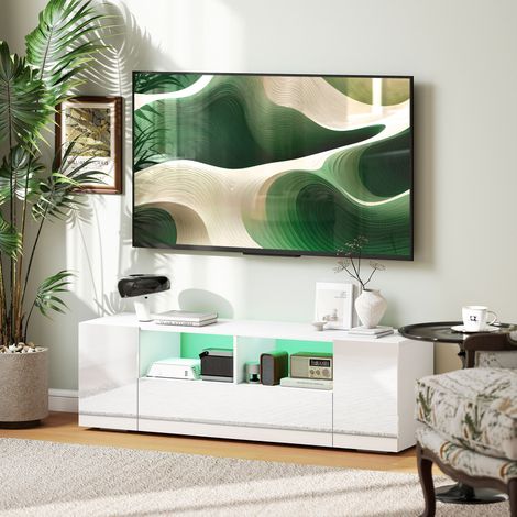 Mobile porta TV, panca porta TV, mobile TV, fino a 60 pollici, con luci a LED, 2 ripiani e ante, pannello frontale lucido, 137 x 35 x 42 cm, bianco