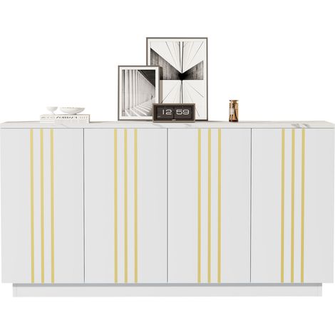 Buffet de rangement 4 portes, 140x35x70 cm, avec étagère réglable, en panneaux de particules, blanc et doré (1/5)