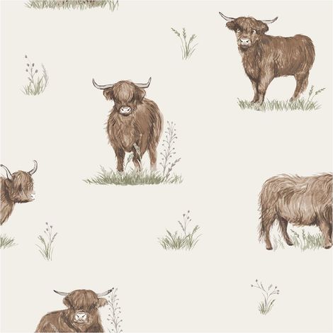 Angus Highland Cow Wallpaper Catherine Lansfield Animal Print Brown Cream (1/4)
