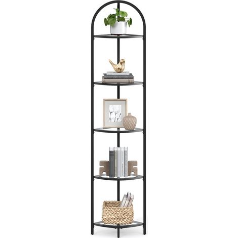 VASAGLE Étagère d’Angle à 5 Niveaux, Bibliothèque, Porte-Plantes, Étagère de Salle de Bain, Verre Trempé, Cadre en Métal, Style Moderne, pour Salon, Cuisine, Noir Classique (1/5)