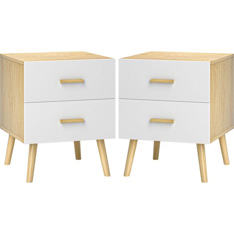 Ensemble de deux tables de chevet avec tiroirs et poignées en bambou, idéal pour le salon ou la chambre, en chêne. (1/5)