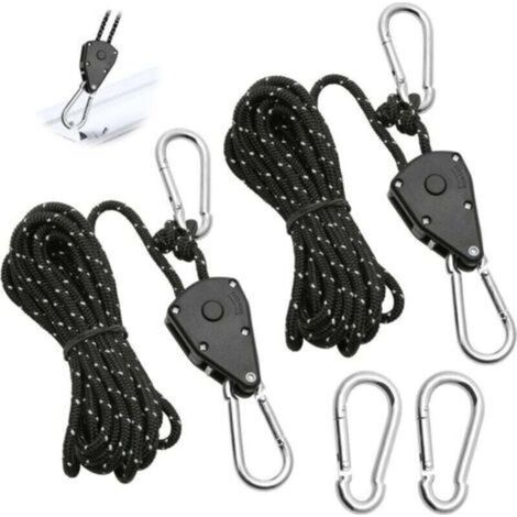 2 Pièces Corde à Cliquet Réglable 4M. Poulie à Cliquet Noir 1/8 avec 2 Replacement Crochets. Tendeur de Corde à Cliquet Réfléchissante pour Lampe Plantes Tente Randonnée (1/4)