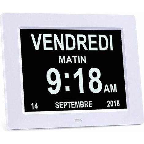 8" LCD Horloge Numérique Calendrier avec Date, Jour et Heure Horloge Alzheimer pour Les Seniors,C'est pour Les Parents (Blanc) (1/4)