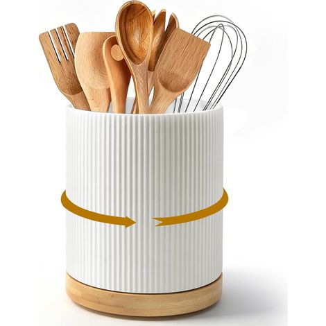 Ceramic Kitchen Utensil Holder - Wooden Utensil Holder - 360° Swivel - Easy to Clean Storage for Kitchen Utensils - Kitchen Utensil Holder for Spatulas Spoons (1/5)