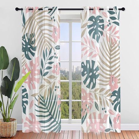 Juego de 2 cortinas transparentes con estampado de plantas tropicales, cortinas semitransparentes con ojales, cortinas modernas para la decoración del hogar, dormitorio y sala de estar (140x244cm, pla (1/5)