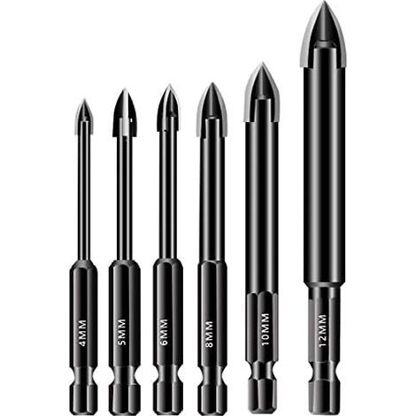 6Pcs Verre Mèche Set 4/5/6/8 / Carbide Tipped Carreau De Semis 10 / 12mm Bit Hex Shank Spear Head Mèche Pour Tuiles En Céramique De Verre Miroir Porcelaine Marbre