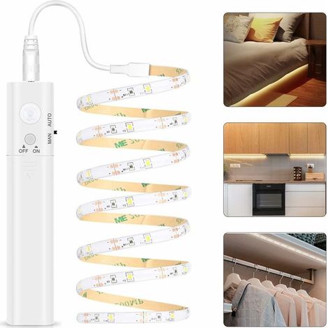 Ruban LED avec Détecteur de Mouvement - 1M Bande LED Pile Auto-Collante, Ruban LED Étanche IP65, LED bande lumière Alimentée, Bande Lumineuse Blanc Chaud 3000K par Batterie pour Armoire, Escaliers (1/5)