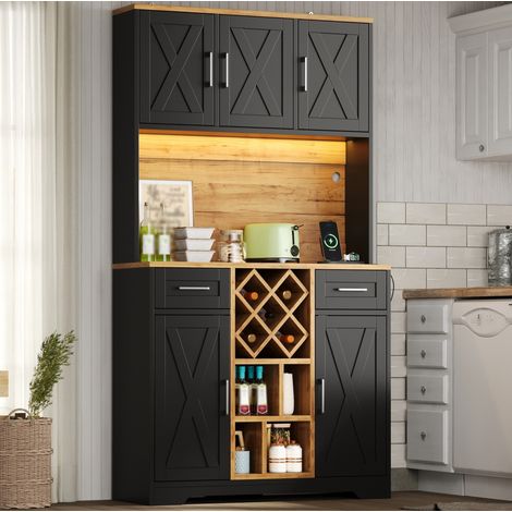 Mueble de cocina alto con LED, botellero, 105 x 40 x 180 cm, MDF, natural y negro DESVIAE (1/5)