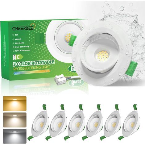 Set of 6 Adjustable Recessed LED Spotlights, 3W 450LM Adjustable Color Temperature IP44 For Bathroom (1/5)