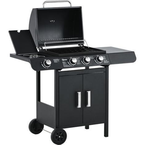 Outsunny 3+1 Burner Gas BBQ Grill, Outdoor Barbecue Trolley with Wheels, Warming Rack, Side Shelves, Cabinet, Thermometer for Garden, Party, Camping, 110L x 50W x 100Hcm, Black (1/5)