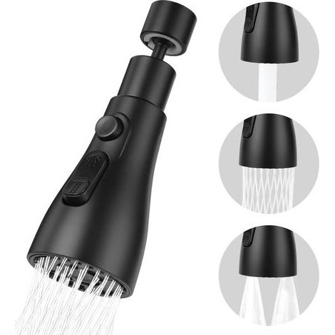 Douchette évier cuisine 360 degrés – 3 modes : flux, pulvérisation, pause – Tête rotative ABS chromé – Adaptateur laiton orientable (1/4)