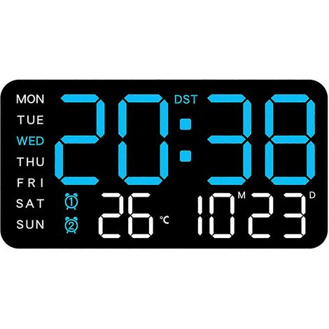 Horloge murale numérique sans cadre, alimentée par USB, à commande vocale, grand écran, double alarme, adaptée à la décoration moderne de la maison et du bureau, noire avec rétroéclairage bleu. (1/5)