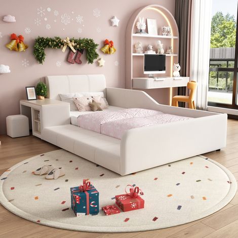 Letto per bambini 90x200 cm, letto singolo con scrivania integrata e sgabello, giroletto di sicurezza con ripiano contenitore in velluto e legno, Bianco (1/5)