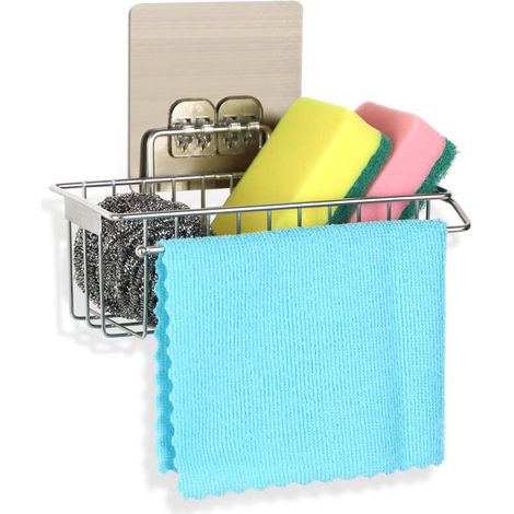 Organizzatore da lavello 2 in 1 in acciaio inox spazzolato: porta spugne + porta asciugamani, soluzione compatta per cucine moderne.