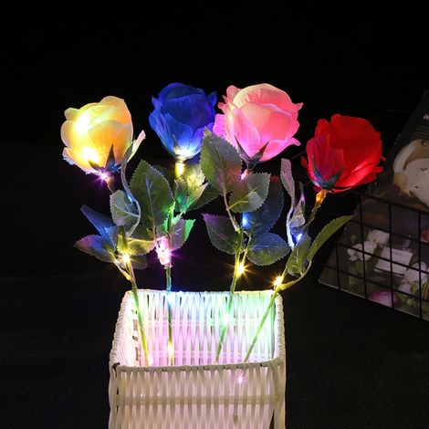 Lot de 4 bouquets lumineux de roses rouges, roses, bleues et champagne, cadeau idéal pour la fête des mères. (1/5)