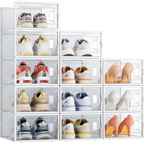 Lot de 12 boîtes de rangement à chaussures empilables en plastique transparent avec portes pour femme/homme, 32,5 x 23 x 13,5 cm (transparent) (1/5)