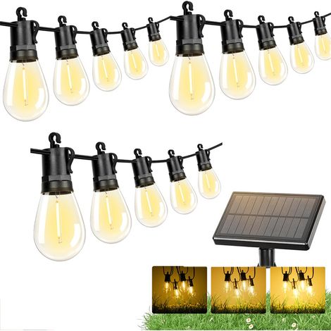 Guirlande jardin d'extérieur incassable arrière-cour de 15 m, avec 15 ampoules S14 et 1 ampoule solaire, pour lumineuse et étanche (1/5)