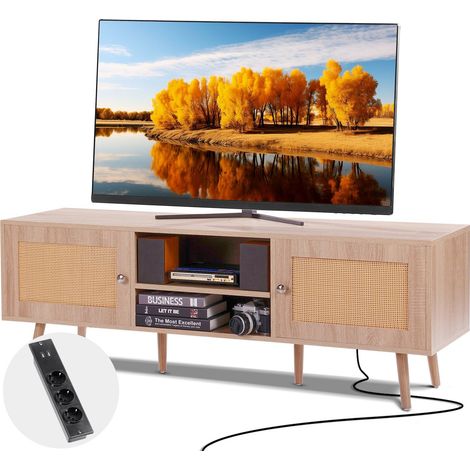 Meuble TV en rotin pour écran 65 pouces avec prise intégrée en chêne style bohème et design élégant (1/5)