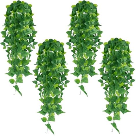 Lot de 4 plantes artificielles à suspendre, 1 m, fausses vignes pothos à suspendre, faux lierre pour mur, maison, chambre, décoration intérieure ou extérieure (sans paniers) (1/5)