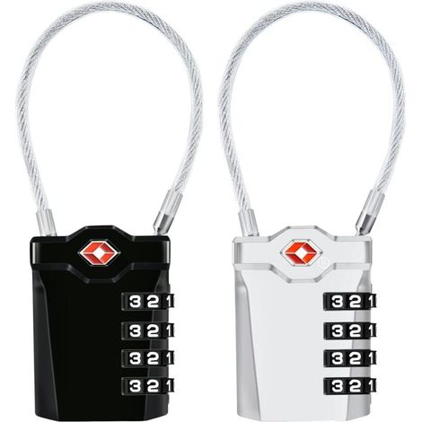 ZVD Cadenas à bagages, Lot de 2 voyage à combinaison à 4 chiffres Cadenas à combinaison de 14 cm de câble flexible pour valise, sacoche de bagage, etc. (Noir+Argent) (1/4)