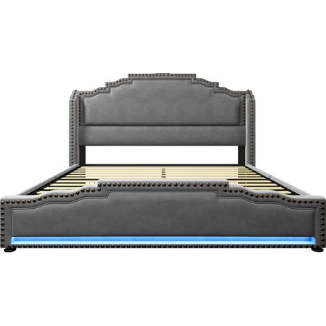 Cama baúl capitoné 140x200 cm de terciopelo gris con 4 cajones, LED, USB-C y colchón (1/5)