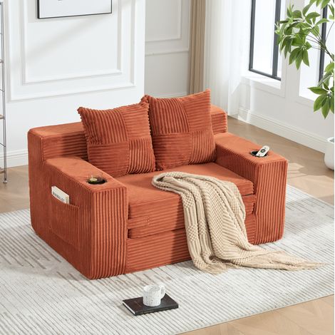 Canapé pouf 151x133x64 cm 2 places avec poches latérales et 2 coussins, velours côtelé pour salon - orange (1/5)