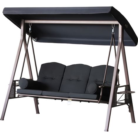 Outsunny Balancelle de Jardin 3 Places Grand Confort Toit Inclinaison réglable Coussins Plateaux rétractables Polyester filé Noir