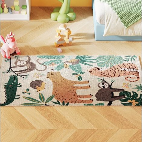 Tapis en polaire motif jungle, 150x80 cm, crème et multicolore, antidérapant (1/5)