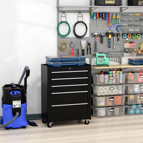 Carro de Herramientas para Taller con Ruedas 5 Cajones Armario con Cierre y Asa Lateral 61,5x33x82,5 cm Negro (1/5)