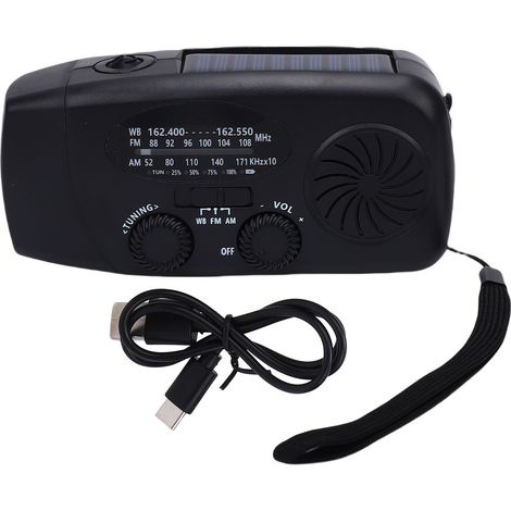 Radio météo d'urgence FM AM WB 6000mAh, manivelle solaire Portable avec lampe de poche LED pour la maison et l'extérieur, noir (1/5)
