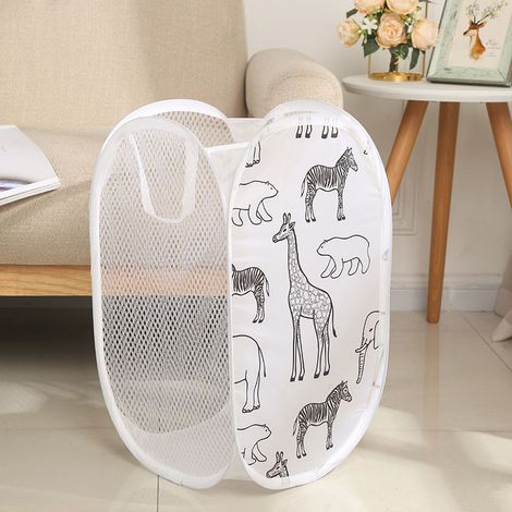30x30CM Panier À Linge Grande Capacité Organisateur Dessin Animé Panier Pliable Pour Ménage Vêtements Sales Nylon Sac En Maille Stockage De Jouets Blanc (1/5)