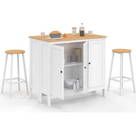 Tavolo bar ad isola Achille e 2 sgabelli in legno bianco con piano in faggio