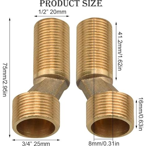 Set mit 2 S-Adaptern für Duscharmaturen, 3/4" auf 1/2" Messing-Außengewinde, S-Anschluss, 8 mm Versatz, 75 mm Länge, verstellbarer Schwenkarm, exzentrisch für (1/4)