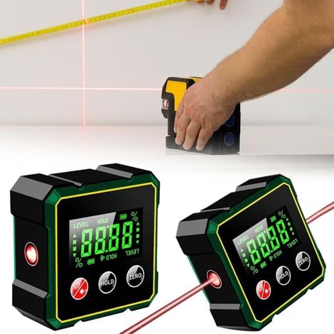 Détecteur d\'angle numérique magnétique 2 en 1 avec laser électronique, rechargeable 4 côtés avec laser électronique, rétro-éclairage LCD, inclinomètre, inclinomètre étanche à 360 °