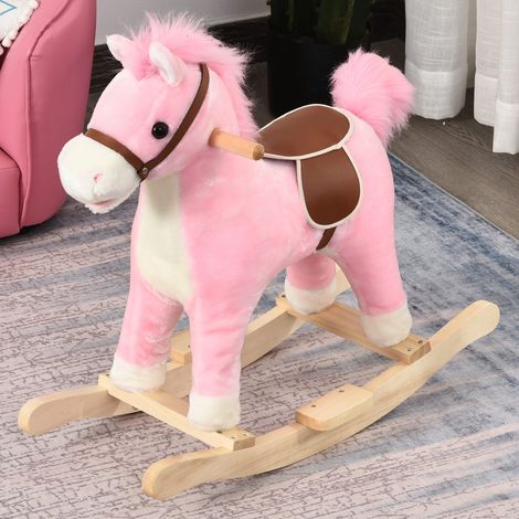 Cheval à bascule pour enfant, jouet à bascule pour bébé avec sons d'animaux, poignées pour les enfants de 36 à 72 mois, en peluche rose, 65 x 32,5 x 61 cm