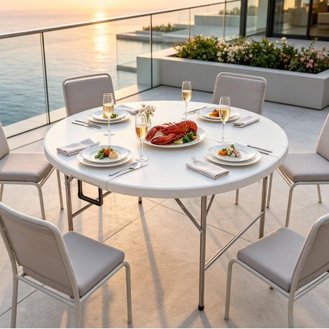 Table ronde pliante Ø122 cm pour 6 personnes, gain de place, structure acier et HDPE gris/blanc (1/5)